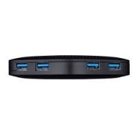 רכזת Tp-Link UH400 USB 3.0 4-Port Portable – פריט בודד רכזת שחורה על רקע לבן עם ארבע כניסות USB 3 0 כחולות