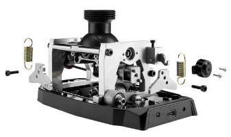 בסיס ג'ויסטיק טיסה מודולרי Thrustmaster AVA PC – מנגנון פנימי כסוף גלוי על בסיס שחור עם חלקי הרכבה