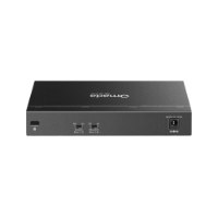 מתג 8 פורטים +Omada DS108GP PoE – גבו השחור של המתג מציג כניסת חשמל ושני מתגי שליטה עם חוטי