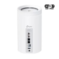 ראוטר 2 יחידות Tp-Link Deco BE85 BE19000 – פריט בודד מציג יציאות חיבור אחוריות וסמל Wi-Fi 7 4K