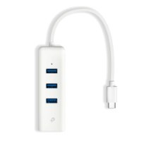 מפצל USB Type-C לחיבור רשת RJ45 בעל 3 חיבורי TP-Link UE330C USB 3.0 – מפצל USB לבן עם שלושה חיבורי USB 3 0 כחולים