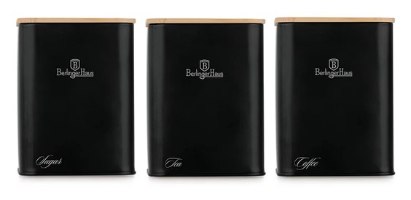 סט קופסאות אחסון מעוצבות Berlinger Haus BH8903 – שלוש קופסאות שחורות עם מכסי עץ, מסומנות סוכר, תה