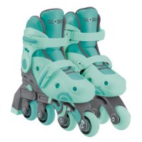 גלגיליות 2 ב-1 מידה 26-29 צבע מנטה Globber 2 in 1 – זוג גלגיליות מנטה-אפורות עומדות על רקע לבן