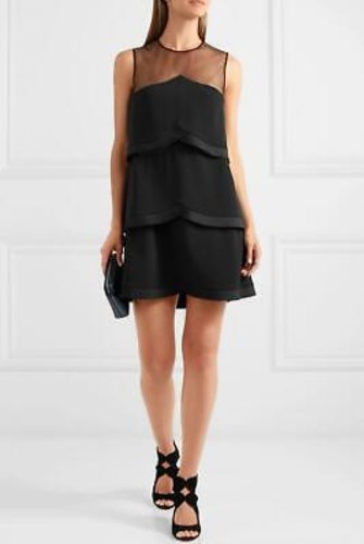 STELLA McCARTNEY Tiered Sheer Tulle-Paneled Pleated Cady Mini Dress Size M