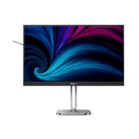 מסך מחשב עסקי 27 אינץ' Philips 27B2N4500 – מסך שחור עם רגלית כסופה מציג תמונה כחולה וסגולה על רקע לבן USB