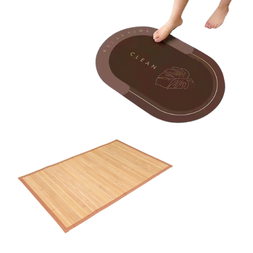 שטיח אמבטיה במבוק + שטיח pvc אובלי חום | שטיח במבוק צבע טבעי | שטיח אמבטיה מונע החלקה | pvc מתייבש ב