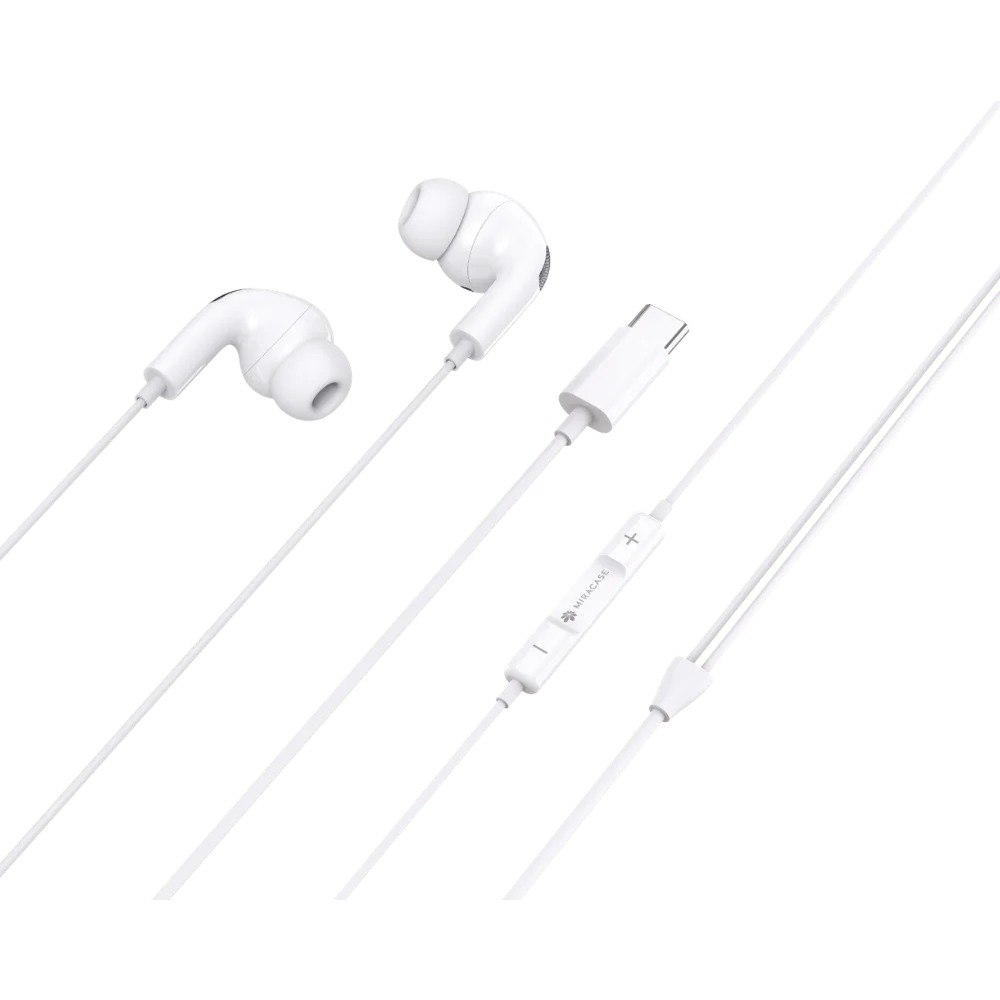 אוזניות In-Ear Miracase METC430 Type-C – אוזניות תוך-אוזן לבנות עם חיבור Type-C ושלט נראות על רקע לבן