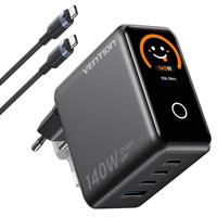 Vention 140W GaN5.0 PD3.1 USB (C+C+C+A) with Smart Display Wall Charger Black