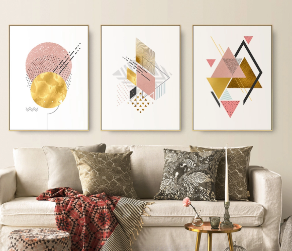 "Pink&Gold Geo" סט שלוש תמונות הדפס אבסטרקט גיאומטרי מינימאליסטי בצבעי ורוד וזהב - ממוסגר מוכן לתליה