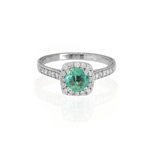 טבעת אמרלד עם יהלומים - טבעת מרובעת - טבעת זהב לבן מרובעת עם אמרלד ירוקה