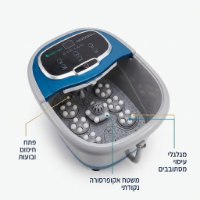 אמבט עיסוי בעל 4 ראשי עיסוי מסתובבים וחימום Medics Care MC-975 – מבט עליון על האמבט הכחול-אפור עם ראשי עיסוי וטקסט הסבר