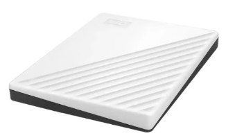 כונן קשיח חיצוני צבע לבן Western Digital My Passport 5TB – כונן קשיח בודד בצבע לבן עם דפוס אלכסוני בחלקו העליון מוצג בזווית