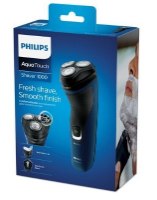 מכונת גילוח נטענת שימוש יבש/רטוב Philips S1121/41 – קופסת מוצר כחולה מציגה מכונת גילוח כחולה-שחורה אחת עם כיתוב מפרט