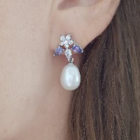 עגילים תלויים ותליון מכסף משובצים פנינה ואבני טנזנית S1882 | תכשיטי כסף 925 | תכשיטי כלה