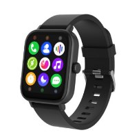 שעון חכם FitPro S3 – שעון חכם שחור עם רצועת סיליקון מציג מסך מלא אייקוני אפליקציות צבעוניים