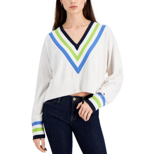 TOMMY HILFIGER Womens V Neck Cropped Shirt Crop Sweater Top White