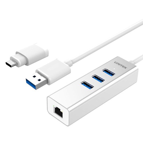 מפצל USB 3.0 עם כניסת רשת UNITEK HUB 3 PORTS 5GBPS USB3.0 + GIGABIT LAN + USB-C ADAPTER
