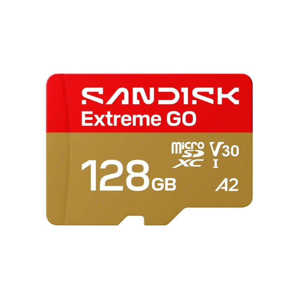 כרטיס זיכרון SanDisk Extreme Go microSDXC UHS-I 128GB – אחד בצבע אדום וזהב עם כיתוב לבן המציג את נפח האחסון 4K