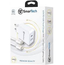 מטען נסיעות SmarTech 45W Dual PD עם GaN – שני יציאות USB-C וכבל Type-C ל‑Lightning 1.2 מטר – טעינה מ