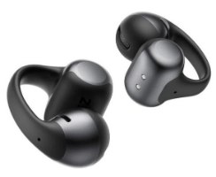 אוזניות אוזן-פתוחה אלחוטיות Shokz OpenDots One – זוג אוזניות בצבע שחור-אפור מעוצבות עם תופסן אוזן מונחות על רקע לבן