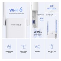 מגדיל טווח Mercusys ME80X AX3000 Wi-Fi 6 – מציג את מגדיל הטווח הלבן ותכונותיו כולל מהירויות Wi-Fi 6 ב-5GHz