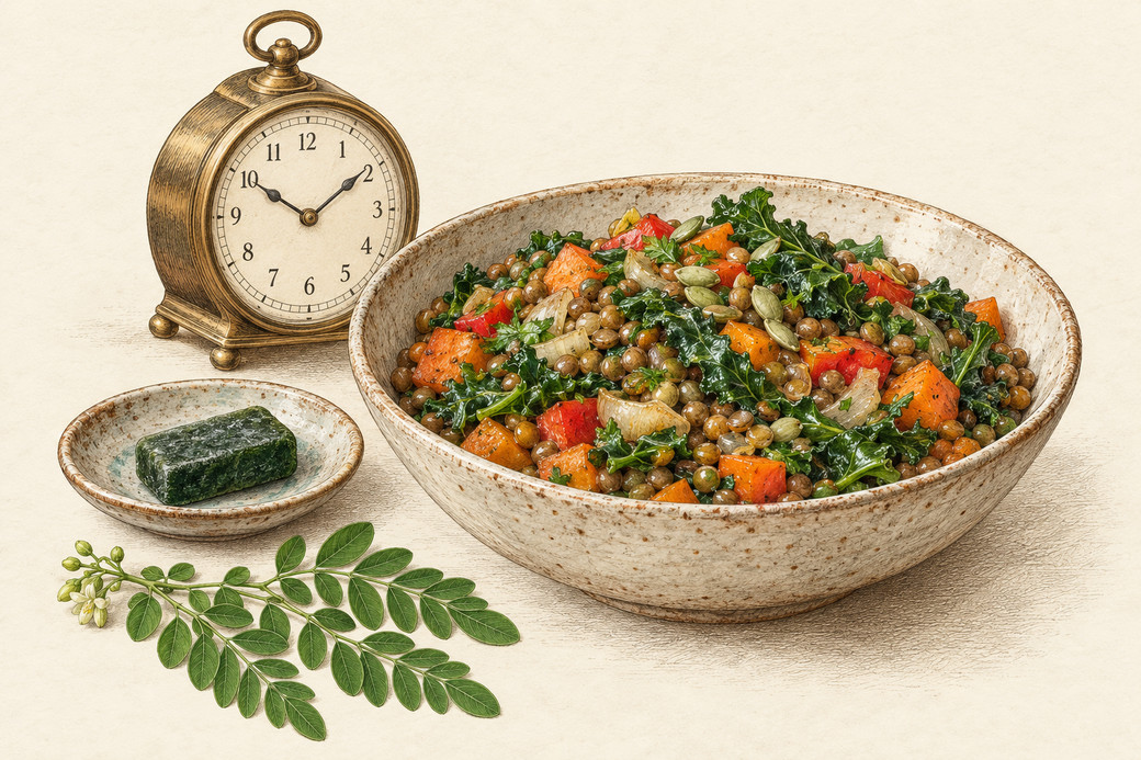 שעון עתיק לצד קערת קטניות וירקות
