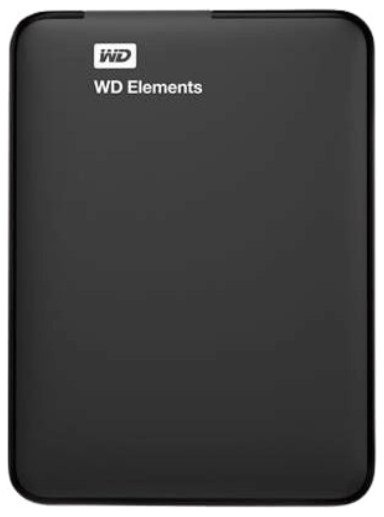 כונן קשיח חיצוני Western Digital Elements Portable 2TB – USB פריט בודד שחור עם לוגו WD וכיתוב WD Elements לבנים בחזית