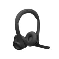 אוזניות אלחוטיות צבע שחור Logitech Zone 300 – אוזניות שחורות עם מיקרופון גלוי מונחות באלכסון על רקע לבן USB-C