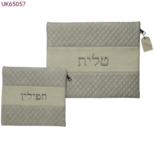 סט טלית תפילין דמוי עור עם ריקמה בז׳