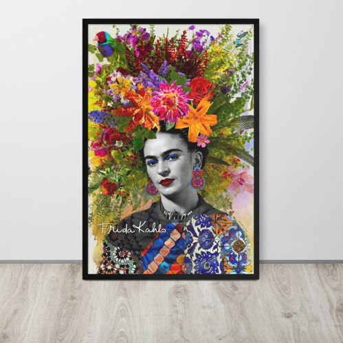 "זר פרחים על ראשי" - תמונת קנבס מעוצבת של פריד קאלו עם מגוון פרחים צבעוניים על ראשה