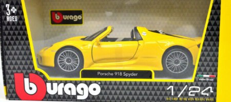 דגם מכונית בוראגו פורשה 918 צהוב Bburago Porsche 918 Spyder Convertible 1/24