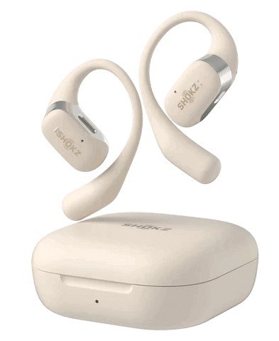 אוזניות אלחוטיות צבע בז' Shokz OpenFit Open-Ear – שתי אוזניות בצבע בז מונחות מעל נרתיק הטעינה התואם שלהן Bluetooth