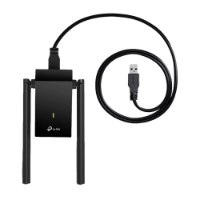מתאם רשת אלחוטי Tp-Link Archer T4U Plus AC1300 USB – המתאם האלחוטי השחור עם שתי אנטנות מחובר לכבל USB מלופף WiFi
