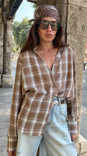 חולצת משבצות פשתן מוקה