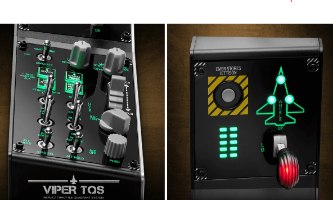 לוח בקרה Thrustmaster Viper Panel – שני חלקים מלוח בקרה שחור עם פקדים ומחוונים מוארים בירוק