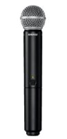 מערכת סאונד אלחוטית דגם Shure BLX24/SM58 – מיקרופון אלחוטי שחור עם רשת כסופה לוגו Shure וכפתור הפעלה