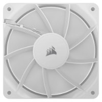 מארז שלושה מאווררים צבע לבן Corsair RS120 120mm – מאוורר מחשב לבן יחיד עם כבלים ולוגו במרכזו על רקע בהיר