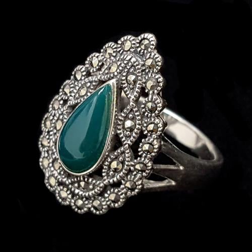 טבעת מכסף משובצת מרקזטים ואבן אגת ירוקה RG5604 | תכשיטי כסף 925 | טבעות כסף