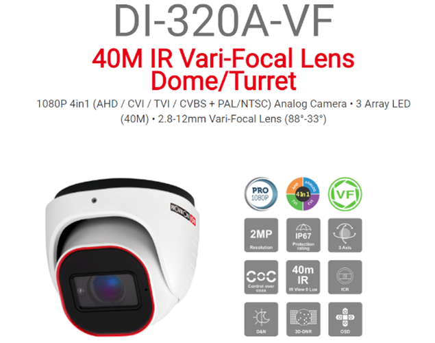 מצלמת כיפה Provision AHD DI-320A-VF 2MP Vari-Focal 40M IR