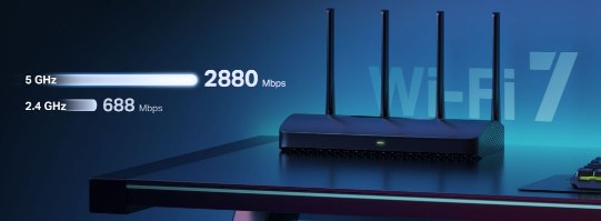 ראוטר Mercusys BE3600 Dual-Band WiFi 7 MR27BE – ראוטר שחור עם נתוני מהירות ל-5GHz ו-2.4GHz.
