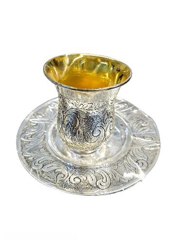 סט כוס קידוש מעוטר עם צלחת- כסף טהור-