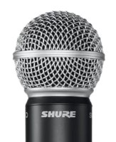 מערכת סאונד אלחוטית Shure BLX24E/B58-G18 – מיקרופון שחור עם ראש רשת כסוף ולוגו Shure לבן על הגוף