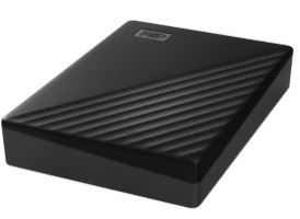 כונן קשיח חיצוני צבע שחור Western Digital My Passport 5TB – יחידה שחורה בודדת עם טקסטורת פסים אלכסוניים ולוגו WD