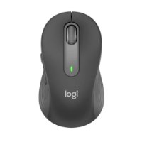 עכבר אלחוטי אפור Logitech Signature M650 – נראה מלמעלה עם גלגלת ניווט מרכזית ונורית חיווי ירוקה