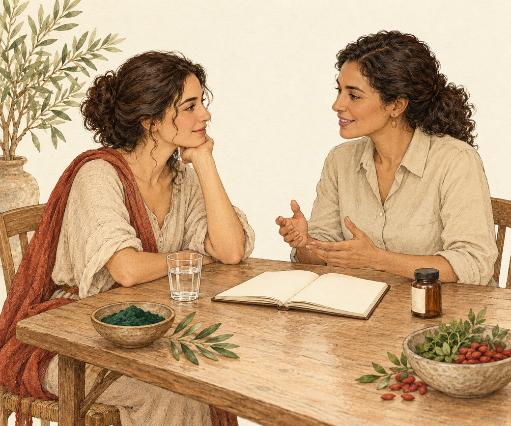 שיחה רגועה בין אישה לאיש מקצוע ליד שולחן עם מחברת