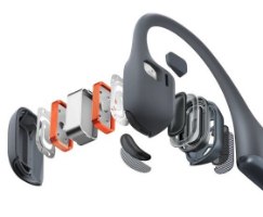 אוזניות ספורט אלחוטיות מוליכות עצם Shokz OpenRun Pro 2 Mini – אוזנייה אפורה מפורקת המציגה את רכיביה הפנימיים בשכבות