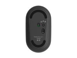 עכבר אלחוטי צבע גרפיט Logitech Pebble 2 M350s – מבט על הצד התחתון של העכבר עם מתג הפעלה ירוק וכפתורי חיבור אלחוטי