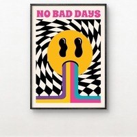 תמונת קנבס פופ ארט NO BAD DAYS |סמיילי צהוב רטרו גרובי באווירה פסיכדלית