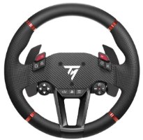 הגה מירוצים ודוושות Thrustmaster Ferrari T598 PS/PC – שחור עם מרכז דמוי קרבון וכפתורים אדומים מואר על רקע לבן