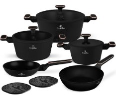סט סירים ומחבתות Berlinger Haus Black Rose BH8362 – כלי בישול ומגני סיליקון שחורים עם עיטורי רוז גולד